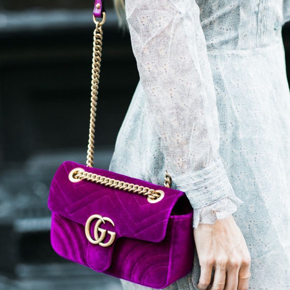Brand New Gucci Small Magenta velvet Marmont bag